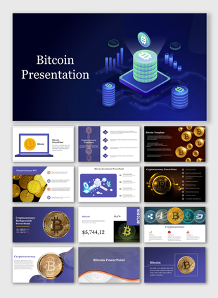 Slide deck about bitcoin with a dark blue theme, gold coins, investment breakdowns, and cryptocurrency data visuals.