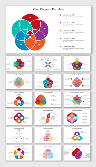 Slide deck featuring colorful venn diagrams with overlapping sections, diverse layouts, and text placeholders for content.