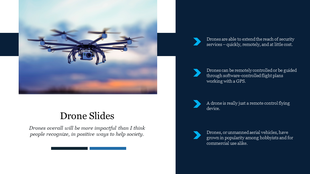 Drone Slide featuring information on remote control and security applications of drones on a dark backdrop.