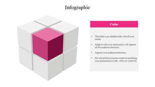 Infographic PowerPoint slide featuring a colorful cube design with placeholder text options.