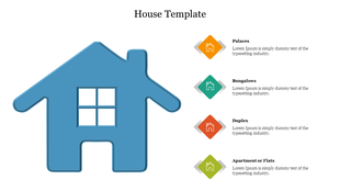 Slide featuring a blue house icon with four colorful diamond icons in yellow, teal, red, and green with corresponding text.