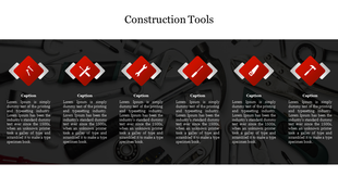 Slide displaying construction tool icons in red box each with captions areas on a dark background.