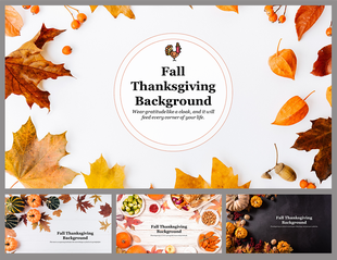 Fall Thanksgiving backgrounds with autumn leaves, pumpkins, berries, and festive food items across five slide designs.