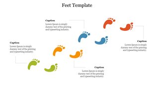 Footprints in shades of green, orange, blue, and red in a diagonal pattern, each with captions on a white background.