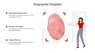 Large red fingerprint illustration centered with a woman on the right and three arrows pointing to text on the left.
