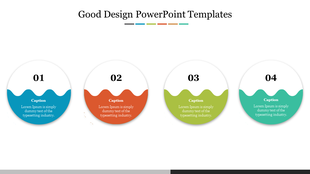 A PowerPoint template with four circular icons numbered 01 to 04, each with colorful waves and a caption space beneath.