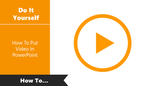 Clean layout with left aligned text on an orange background and a circular play button icon representing video integration.