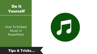 Instructional slide featuring a red circular icon of a woman with headphones, and text guiding how to add music to slides.