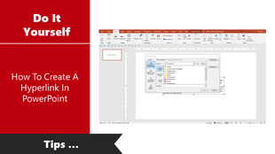A PowerPoint tutorial on creating hyperlinks, featuring a screenshot of the insert hyperlink dialog box on a red theme.