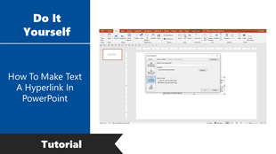 A PowerPoint tutorial slide on making text a hyperlink, featuring the insert hyperlink dialog box on a blue and white theme.