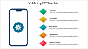 Mobile app-themed PPT template with a phone image on the left and a list of five colored elements describing app qualities.