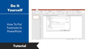 Tutorial on adding a footnote in PowerPoint, displaying the header and footer settings panel.
