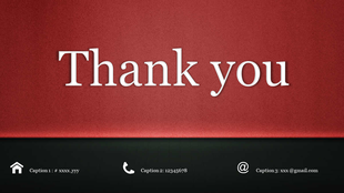 Simple thank you slide with large white text on a red background and contact information icons displayed at the bottom.