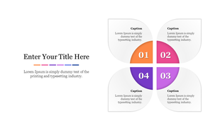 Cool circular petal diagram with numbered segments 01 to 04 in orange, pink, purple, and violet, each with a caption inside.