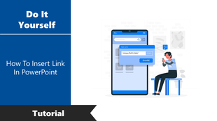Presentation tutorial cover slide with text on inserting links and an illustration of a user interacting with a interface.