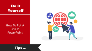 Colorful Step by step guide to adding a link in PowerPoint with icons representing the internet, links, and cloud.