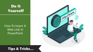 Tips and tricks PowerPoint slide featuring a cartoon person working on a laptop with a hyperlink graphic on the screen.