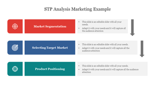A slide showing STP analysis with three sections in red, blue, and teal with icons and placeholder text.