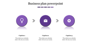 A business plan slide featuring three purple circular icons with caption text below each.
