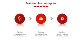 Three step business plan infographic with red circular icons for idea, briefcase, and gear, connected by gray arrows.