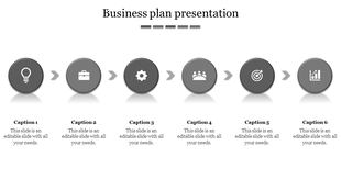 Business plan PPT slide with six gray circular sections representing stages in a business process, connected by arrows.