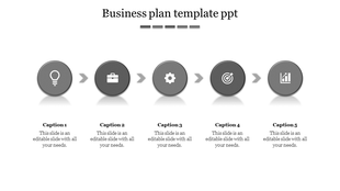 Business strategy infographic with five grey circles illustrating key stages, aligned in a row with captions below.