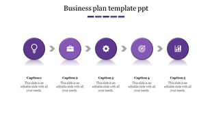 Step by step business plan infographic with five purple circles, each containing an icon, linked by gray arrows.