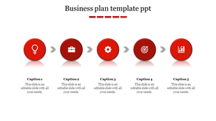 Business plan PPT slide with five red circles, each containing icons, connected by arrows with captions.
