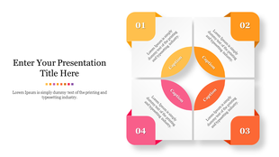 Infographic slide with four connected segments and inset captions, numbered from 01 to 04 in a clockwise arrangement.