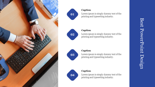 Best design with numbered steps in blue diamonds, caption text aligned right, and a hand-on-keyboard photo on the left.
