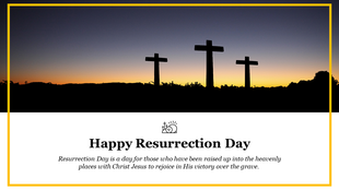 Resurrection slide with three crosses at sunrise and a message celebrating the victory of christ over the grave.