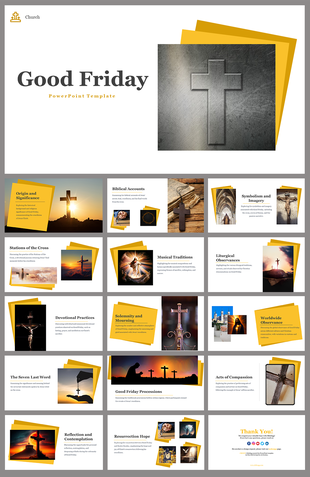 Good Friday template featuring a cross-themed design and multiple slides with religious imagery and text layouts.