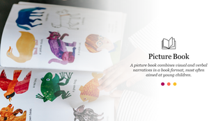 Picture book slide with a vibrant open book illustration on the left and text on the right explaining picture books.