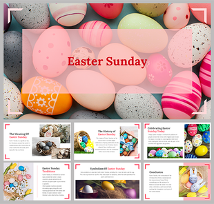 Easter Sunday PowerPoint design with pastel colored eggs and slides discussing Easter history, symbols, and celebrations.
