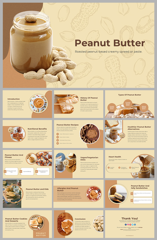 Peanut butter slides showcasing nutritional benefits, recipes, fitness, and health facts about roasted peanut based spread.