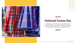 Celebratory national tartan day slide with red and blue tartan patterns and April 6 highlighted.