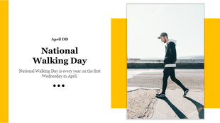 National walking day slide with a man walking on a sunny day, set against a minimalist background.