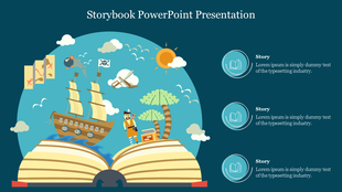 Storybook themed slide featuring a pirate ship, treasure chest, and palm trees emerging from an open book with an icon.