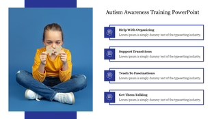 Autism awareness slide featuring a child with puzzle pieces in a blue background and training points on the side.