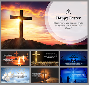 A slide deck of easter with a wooden cross on a hill at sunrise, with rays of light shining through the background.