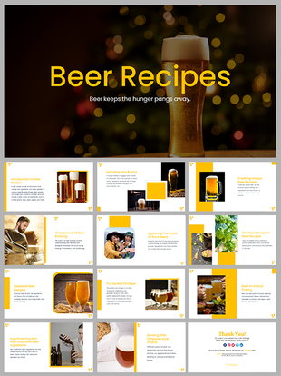 Beer Recipe PowerPoint template with multiple slides showcasing beer brewing tips and recipes.