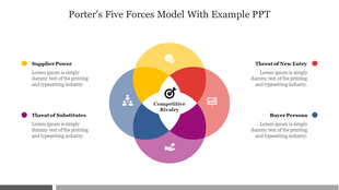 Porter's five forces model diagram slide with colorful overlapping circles and icons with placeholder text.