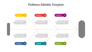 Fishbone diagram with sections in yellow, red, purple, blue, teal, and green, connected to a central gray node.