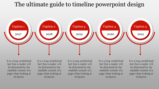 Timeline design featuring five evenly spaced circular markers in red and white, labeled by year from 2017 to 2021.