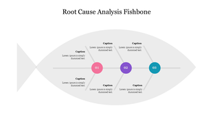Root cause analysis diagram shaped like a fish, with segments 01 to 03 along the central spine and six caption callouts.