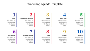 Slide displaying a ten-item workshop agenda topics like Intro, Value Stream Mapping, each with colorful numbered text area.
