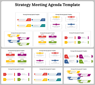 Multiple agenda slides with vibrant color coded sections outlining different strategy meeting steps and objectives.