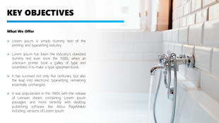 Slide with a plumbing theme, featuring a key objectives section and a photo of a bathtub faucet with flowing water.