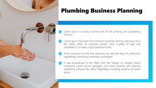 Plumbing slide with a person washing hands under a modern faucet, and a text box framed with blue border.