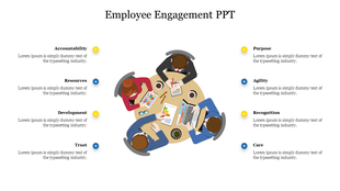 Employee engagement slide with a round table meeting illustration and key values.
